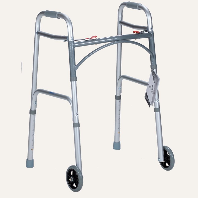 [PTQ-100000128] DME Care Solutions Two Button Folding Walker with Wheels (Adult Two Button Folding Walker with 5-Inch Wheels [10162])